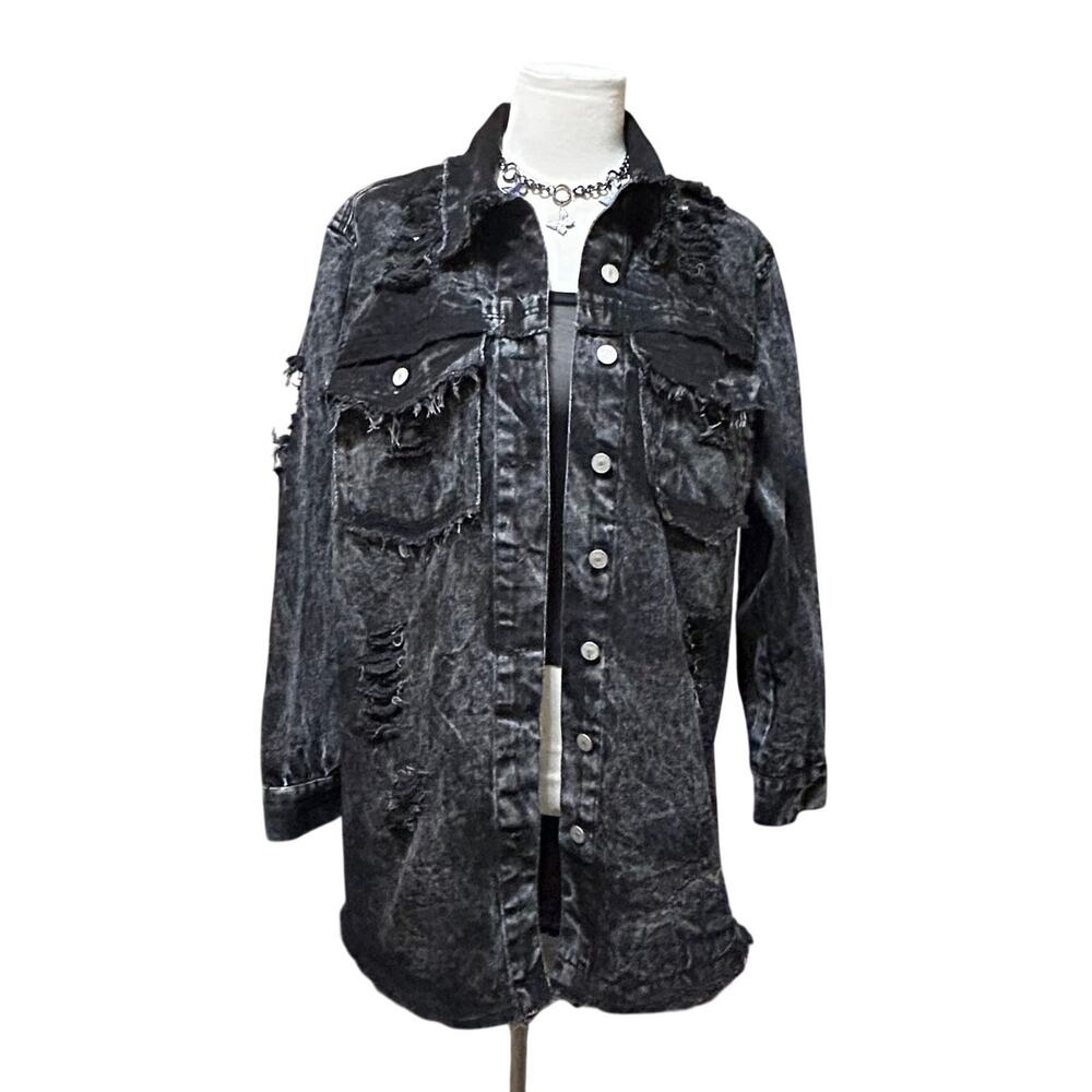 Thrill Jeans Women's Black Acid Wash Distressed Denim Shacket Small